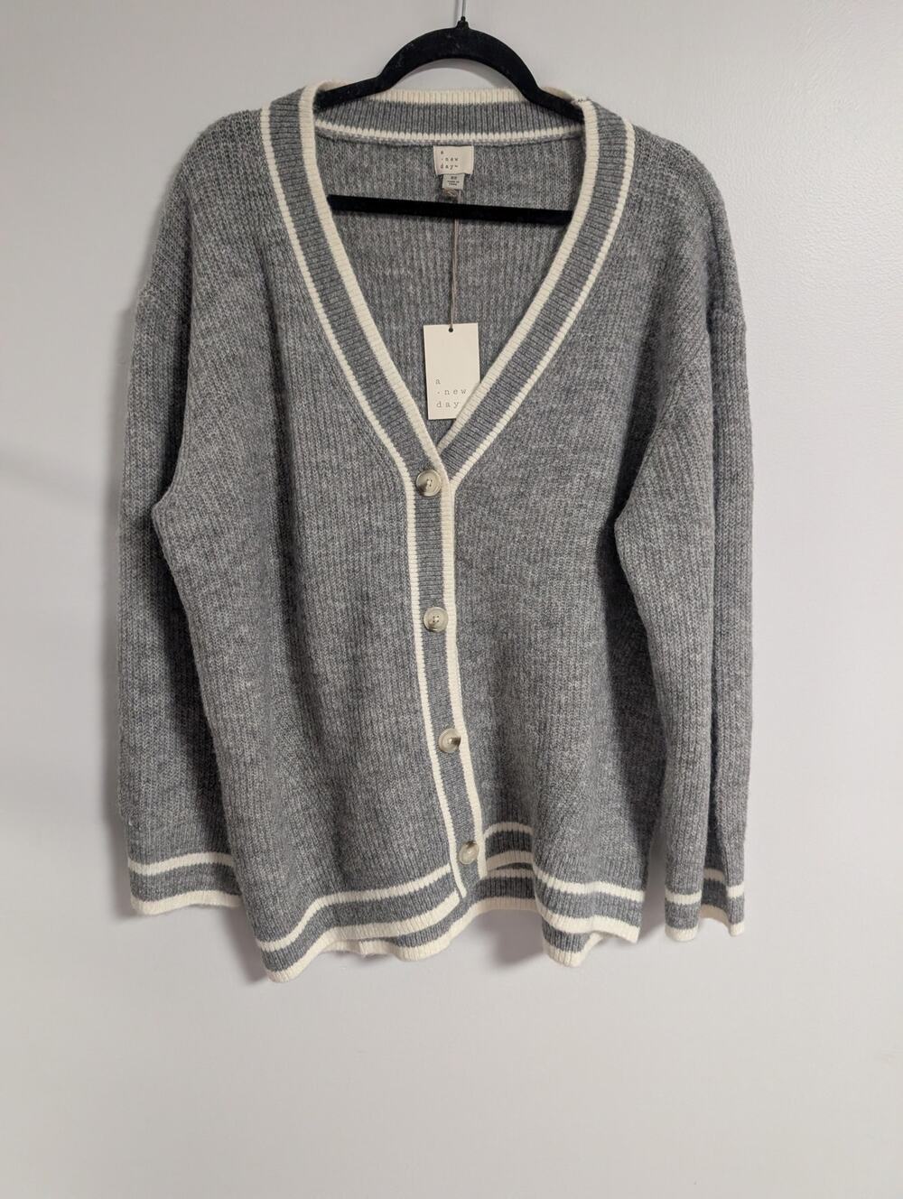 NWT A New Day Gray Cream Varsity Stripe Button Cardigan